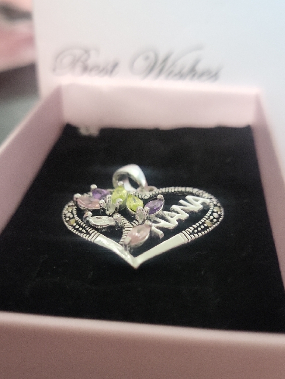Silver Heart 'NANA' Pendant with Pink, Purple & Green Accents - Picture 4 of 7